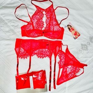 Red lace lingerie set 4 pieces